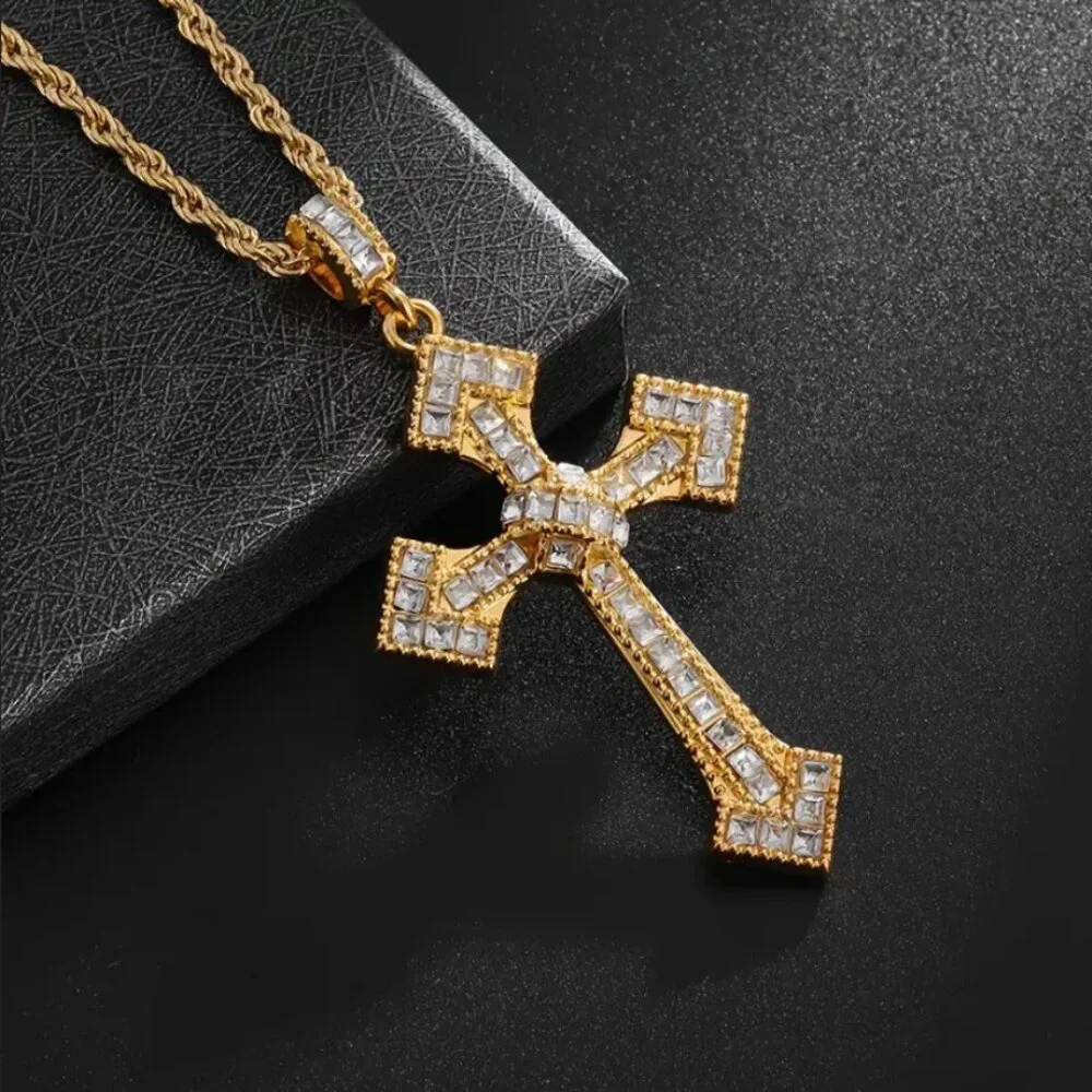 24" Mens 2ct Diamond 14K Gold Cross Rope Chain Necklace 14 K Silver Jewelry 24
